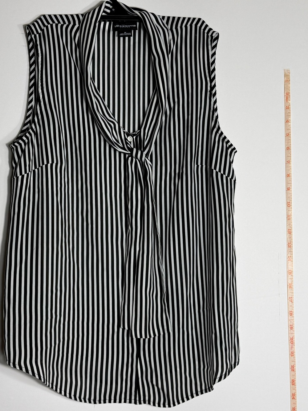 Liz Claiborne Black & White Vertical Stripe Tie-Neck Sleeveless Blouse